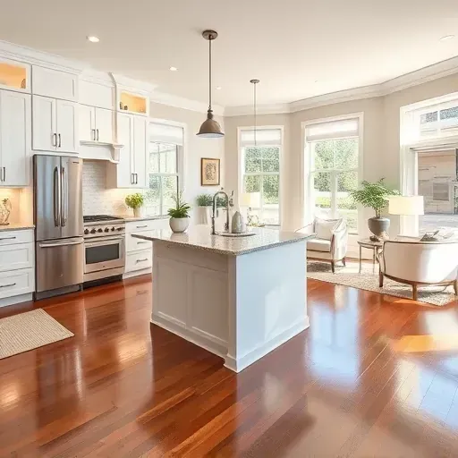 Modern kitchen remodel in Havelock NC featuring white cabinetry, a stone island, and polished hardwood floors.