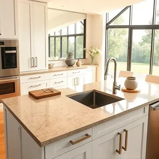 Freshly installed warm beige granite kitchen countertop with modern white cabinets stainless steel appliances and large sunny windows