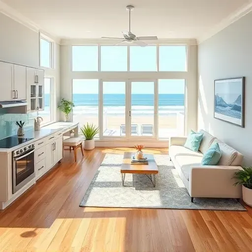 Renovated coastal living space in Ocean Isle Beach with large windows, hardwood floors, and modern kitchen design.