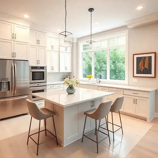 Modern kitchen remodel in Wilmington NC features sleek cabinetry, quartz countertops, stainless steel appliances, and natural light.
