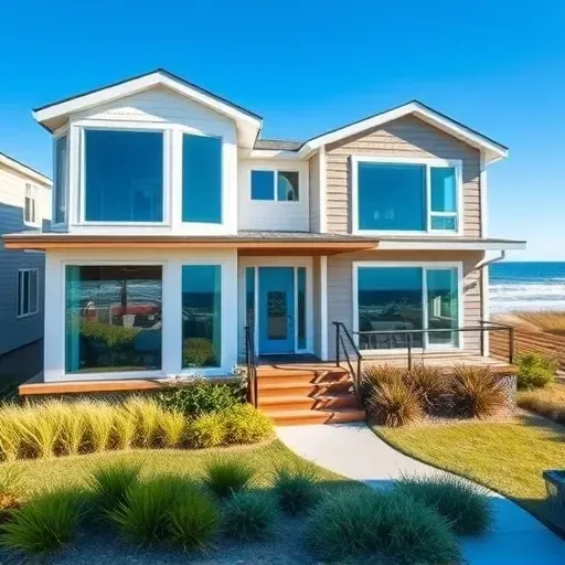 Coastal home remodel in Wrightsville Beach, NC features modern architecture, beach colors, and lush landscaping.