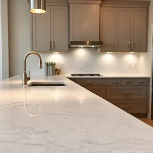 Marble countertop with white and gray veining installed in a modern Jacksonville kitchen with sleek cabinetry and stainless steel fixtures