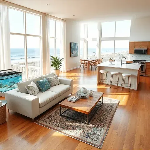 Spacious coastal-inspired living room with panoramic windows, neutral walls, modern furniture, and elegant decor.