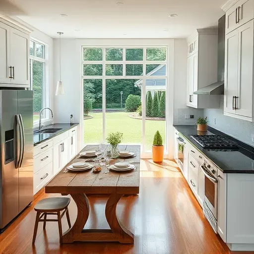Modern kitchen remodel in Havelock NC with white cabinetry, dark granite, and natural light highlighting warm wood floors.