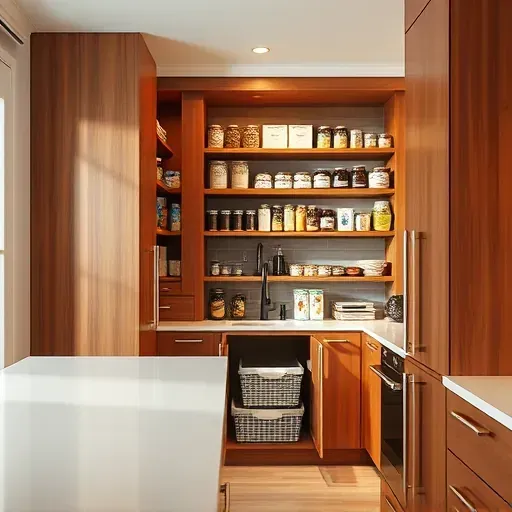 Completed modern kitchen pantry in Jacksonville NC showing sleek cabinetry, organized shelves with jars, canned goods, and stylish lighting
