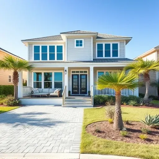 Modern home remodeling in Ocean Isle Beach NC with beach-toned exterior, energy-efficient windows, and lush landscaping.
