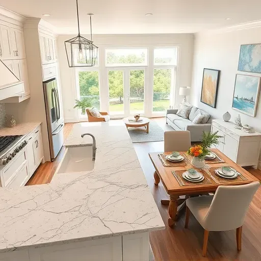 Coastal-style kitchen in Calabash NC with granite countertops, custom cabinetry, and scenic views of lush greenery.