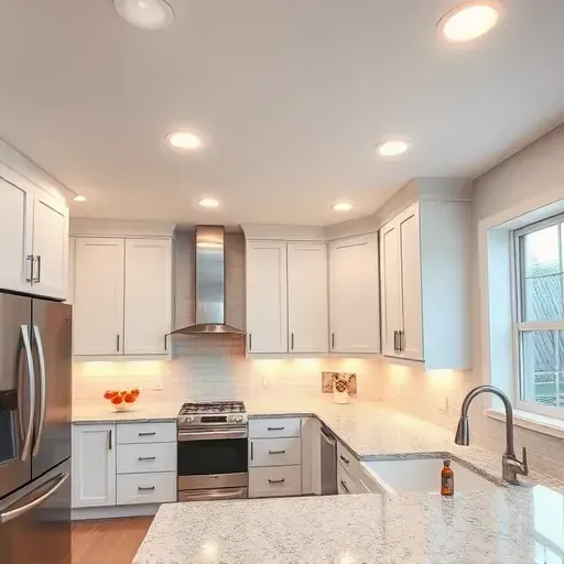 Modern Jacksonville kitchen with white cabinets, stainless appliances, granite countertops, recessed LED and under-cabinet lighting.