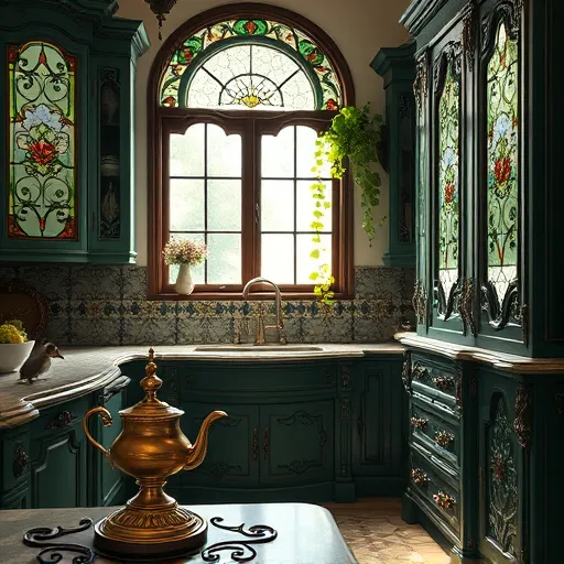 A detailed blog cover image showcasing custom kitchen cabinets rendered in the luminous and intricate style of the Pre-Raphaelite Brotherhood. The scene features a luxurious, timeless kitchen with ornate, handcrafted cabinets adorned with elaborate carvings and flowing floral motifs that highlight craftsmanship and artistic beauty. The cabinets are painted in rich jewel tones, including emerald greens, deep sapphires, and warm gold accents that shimmer under soft, natural light filtering through stained-glass windows decorated with botanical patterns. In the foreground, an antique brass Vesper stand holds a delicate vintage tea set, adding an element of nostalgic elegance. Playful, tiny details such as a squirrel nibbling a nut perched atop a cabinet or delicate songbirds along carved edges introduce personality and whimsy without cluttering the scene. The background includes an ornate mosaic-tiled backsplash featuring intricate scrolling designs that mirror the organic forms of the cabinetry, complemented by lush greenery spilling in from an open window, creating a serene yet lively atmosphere. The overall tone is calm and refined, emphasizing craftsmanship, artistry, and cozy opulence. The carefully curated color palette of deep jewel tones contrasted with warm neutrals and subtle highlights captures the romantic, detailed essence of the Pre-Raphaelite style, inviting viewers to explore the beauty and uniqueness of bespoke kitchen cabinetry.
