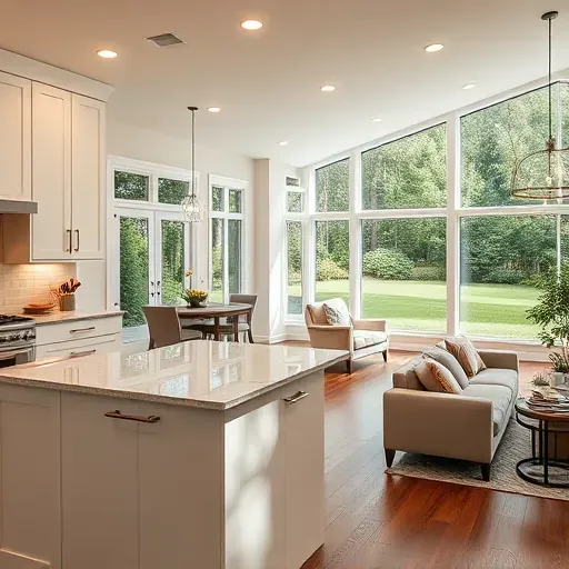 Contemporary kitchen and living area in Boiling Spring Lakes NC featuring sleek cabinetry, quartz countertops, and serene views.