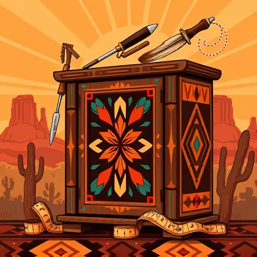 A vibrant, intricate illustration inspired by Native American art styles, showcasing the expert installation of cabinet hardware. The scene features an ornate wooden cabinet decorated with geometric patterns and symmetrical motifs reminiscent of Native American textiles and beadwork, rendered in rich earth tones such as deep browns, burnt oranges, turquoise accents, and warm reds. Surrounding the cabinet are decorative tools—including carved chisels, ornate screwdrivers, and bead-lined measuring tapes—that float or rest gracefully, emphasizing craftsmanship with playful details like a feather-tipped screwdriver and a beaded level. The background depicts a stylized desert landscape with mesas and cacti, adorned with layered motifs and swirling patterns that evoke a sacred, timeless environment. Gentle rays of sunlight with dotted patterns cast a warm, inviting glow, creating a calm yet lively atmosphere. The overall style features bold lines, decorative symmetry, and intricate detailing, blending Native American artistry with a modern, creative approach. This visually striking image highlights the themes of craftsmanship, tradition, and cultural richness in cabinet hardware installation, making it ideal for an engaging blog cover focused on artistic craftsmanship.