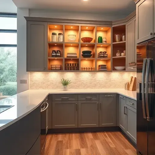 Beautiful modern kitchen pantry with sleek matte cabinets, organized open shelves, warm lighting, and elegant countertops in Jacksonville NC