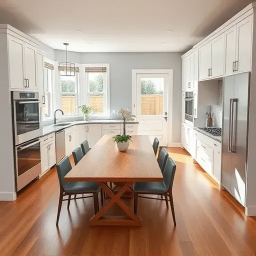 Modern kitchen remodeling in Jacksonville NC featuring white cabinetry, granite countertops, and hardwood floors.
