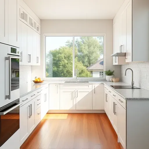 Modern kitchen cabinets in Jacksonville NC featuring sleek matte white and taupe finishes, granite countertops, and natural light.