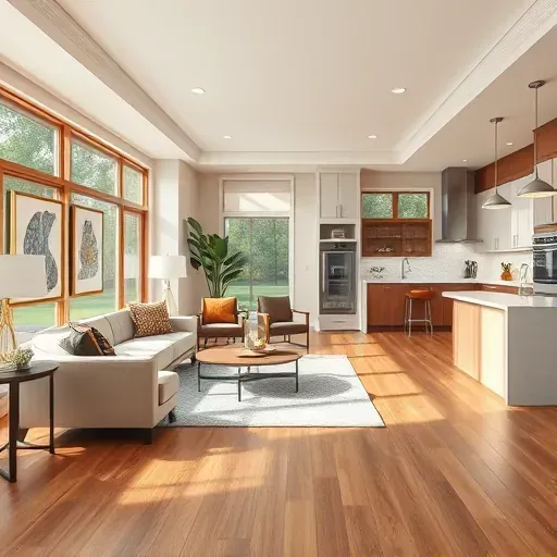 Remodeled Jacksonville NC interior with modern design, hardwood floors, large windows, stylish furniture, and sleek kitchen