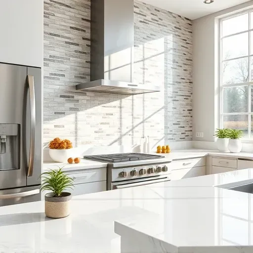 Completed modern tile backsplash in a Jacksonville kitchen with mosaic and subway tiles, natural light and sleek details