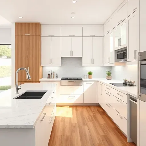 Jacksonville NC RTA Cabinets showroom features modern white and wood kitchen cabinetry with marble countertops and stylish fixtures