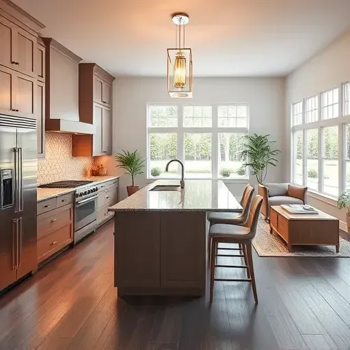 Modern kitchen remodel in Hubert, NC, featuring sleek cabinetry, granite island, and airy living room with large windows.