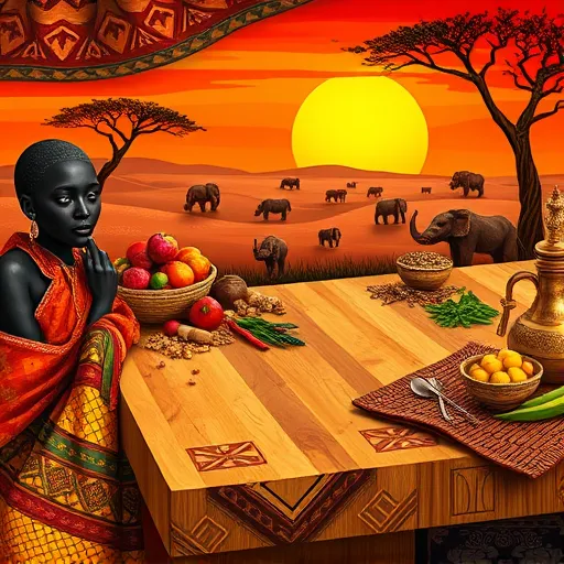 A vibrant, detailed depiction of a traditional African marketplace scene transformed into a modern kitchen setting. The centerpiece is a beautifully crafted butcher block countertop made of warm, honey-toned wood with bold geometric carvings and tribal motifs along its edges, highlighting craftsmanship and cultural heritage. Draped textiles with rich patterns cover rustic wooden tables laden with spices, dried herbs, and colorful fruits, evoking traditional African culinary ingredients. Surrounding the scene are woven baskets overflowing with vegetables and grains, traditional African pottery, and brass utensils with intricate engravings, blending cultural richness with contemporary functionality. The background features a stylized savannah landscape under a fiery sunset sky, dotted with acacia trees, emphasizing a land connection. Playful elements include tiny African masks peeking from spices and carved animal figurines, such as elephants, lions, and rhinos, representing artistic traditions and adding charm. The scene exudes warmth, earthiness, and cultural pride, rendered in an African art style with bold lines, rhythmic patterns, and a palette of ochres, reds, oranges, blacks, and whites, celebrating African artistry and the beauty of functional craftsmanship in a contemporary kitchen setting.