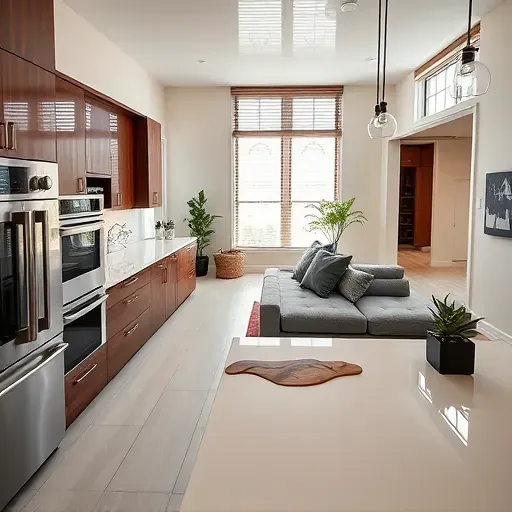 Modern kitchen renovation in Moyock NC with walnut cabinetry, quartz countertops, natural light, and elegant decor.