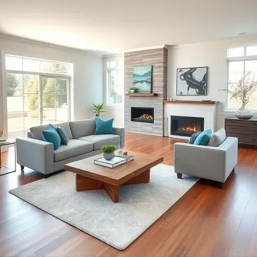 Modern living room remodel in Point Harbor NC featuring gray sectional sofa, vibrant pillows, reclaimed wood coffee table, and fireplace.