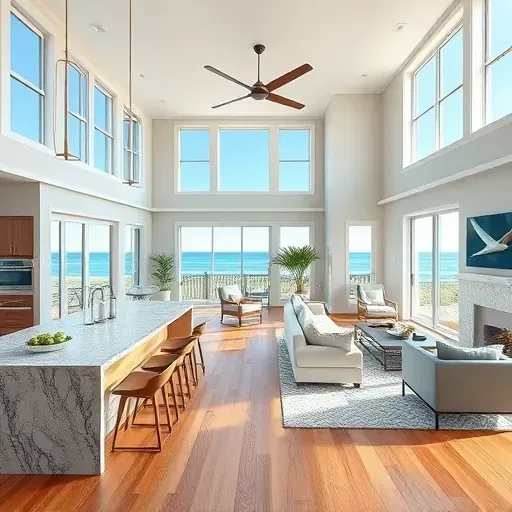 Modern living space in Oak Island NC, featuring open layout, coastal decor, granite kitchen, and serene views.