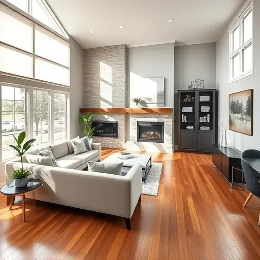Remodeled living room in Holly Ridge NC with sleek furniture, natural light, modern gray walls, and elegant decor.