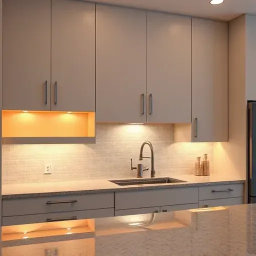 Bright under cabinet LED lighting illuminates a modern kitchen with sleek matte cabinets and granite countertops in Jacksonville NC