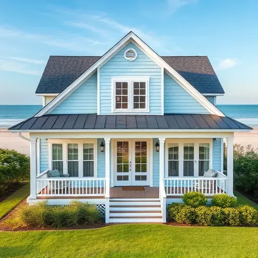 Completed home remodeling in Kure Beach NC with light blue façade, white trim, and lush landscaping near the beach.