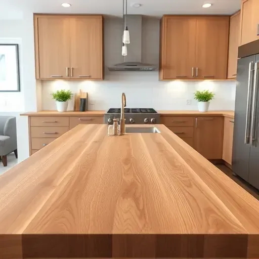 Recently installed butcher block countertop in modern kitchen with sleek cabinetry stainless steel appliances and natural lighting showcasing rich wood grain