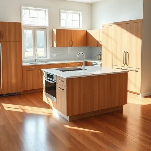 Modern Jacksonville kitchen with granite island, oak cabinets, stainless steel appliances, hardwood floors, and natural light