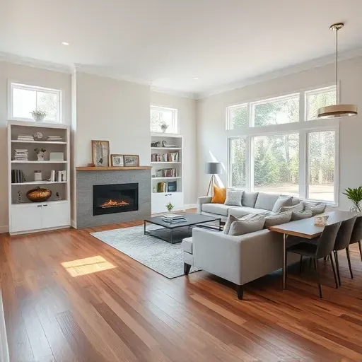 Stunning renovated living room in Shallotte NC with open floor plan, natural light, modern furniture, and elegant decor.