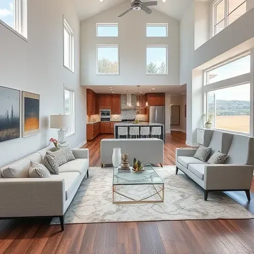 Renovated living room in Grandy, NC, featuring modern decor, high ceilings, and a stunning view.