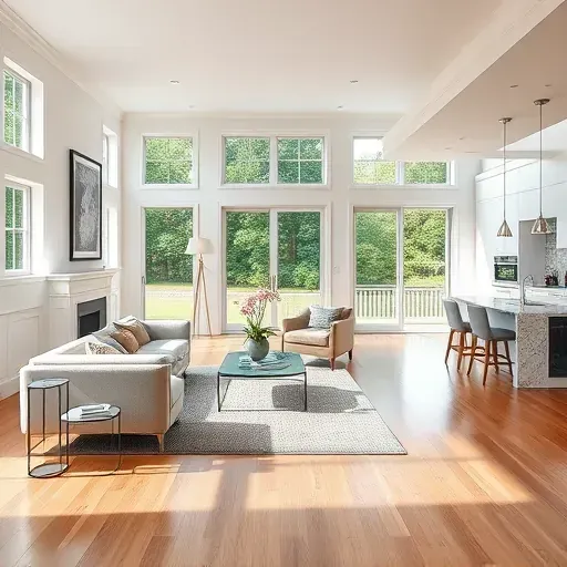 Spacious living room in Point Harbor NC with modern design, elegant hardwood floors, and natural light from large windows.