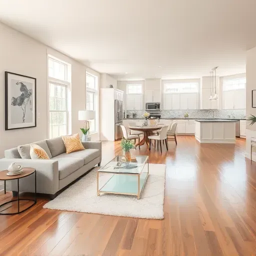 Remodeled Jacksonville NC interior with modern furniture, high-end finishes, natural light, hardwood floors, and open-plan design