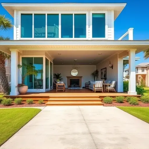 Renovated coastal home in Ocean Isle Beach NC with modern facade, lush greenery, and beach-inspired interior decor.