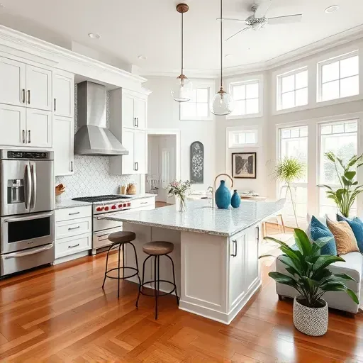 Renovated kitchen in Southport NC with custom cabinetry, granite countertops, and open layout, embodying modern luxury.