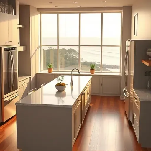 Modern Jacksonville kitchen with sleek stainless appliances marble island natural light coastal view hardwood flooring