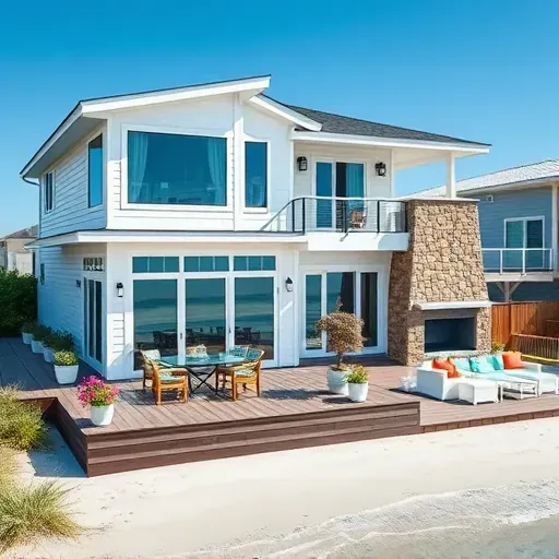 Remodeled beachfront home in Kure Beach NC with white siding, navy accents, and lush gardens, capturing coastal charm.
