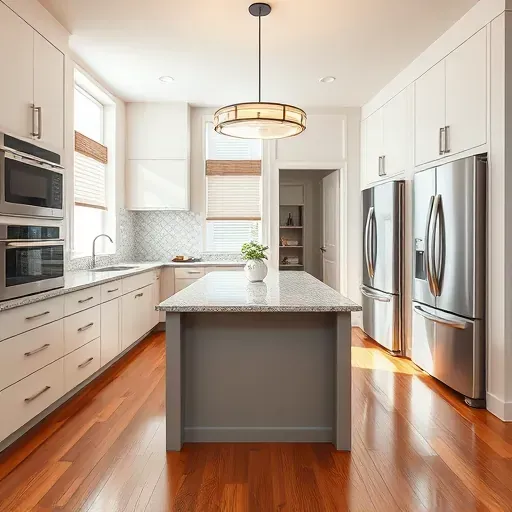 Modern Jacksonville kitchen with sleek matte cabinets granite countertops stainless steel appliances hardwood flooring and stylish backsplash