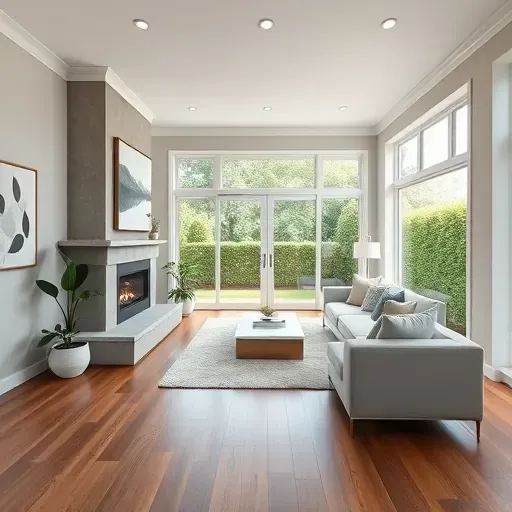 Home remodeling in Trent Woods NC showcasing a modern living room with classic elements, warm wooden flooring, and elegant decor.