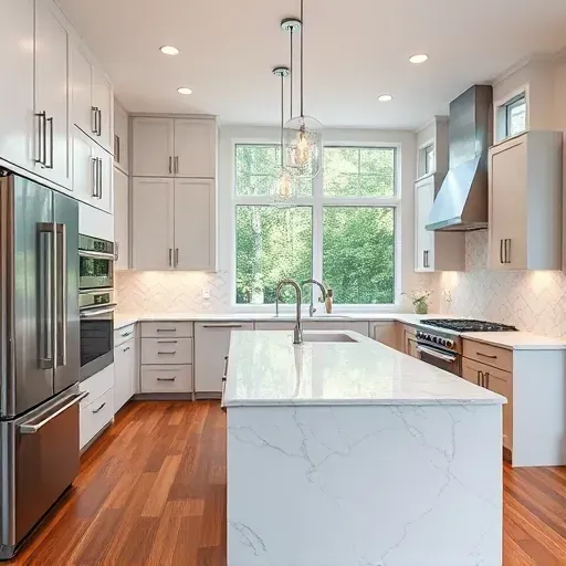 Renovated Jacksonville NC kitchen with modern cabinets, marble island, pendant lighting, stainless steel appliances, and natural light