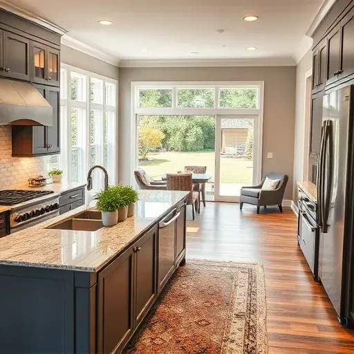 Modern kitchen in Burgaw, NC with high-end appliances, granite countertops, and cozy living area bathed in natural light.