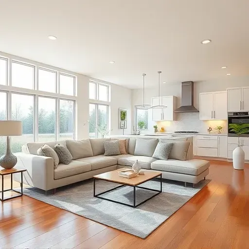 Modern renovated Jacksonville NC interior with a living room, sleek furnishings, large windows, hardwood floors, and open-concept kitchen