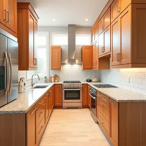 Completed custom kitchen cabinet installation in Jacksonville NC featuring sleek wooden cabinets, granite countertops, and modern appliances