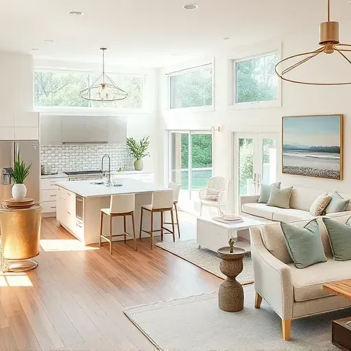 Coastal-inspired interior of a remodeled home in Atlantic Beach NC, featuring elegant living space and modern kitchen.