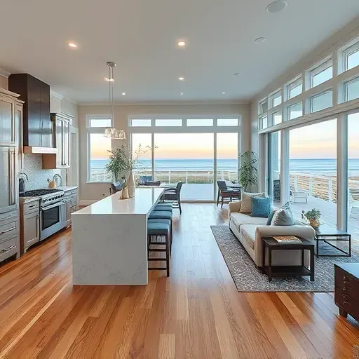 Completed home remodel in Kure Beach NC features modern open-concept design and coastal color palette with elegant finishes.