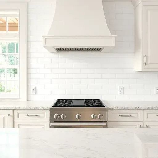 Seamless white subway tile backsplash in a modern Jacksonville kitchen with glossy tiles, neutral cabinets, granite counter, and stainless steel appliances