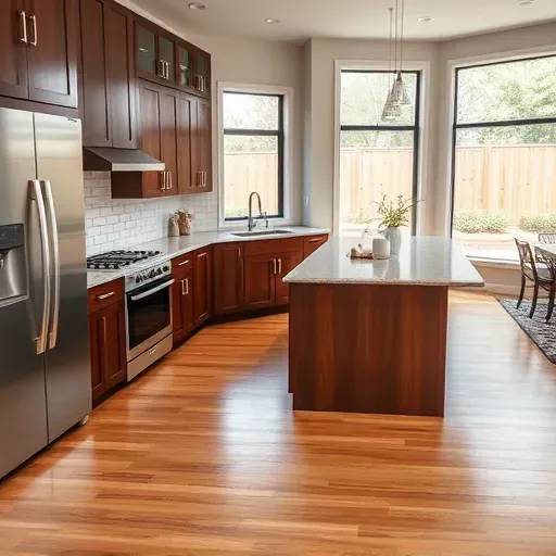 Newly remodeled kitchen in Jacksonville NC with granite countertops, stainless steel appliances, and rich wood cabinetry.