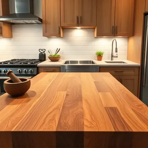 Freshly installed butcher block countertop in modern Jacksonville kitchen with stainless steel appliances and warm wood grain